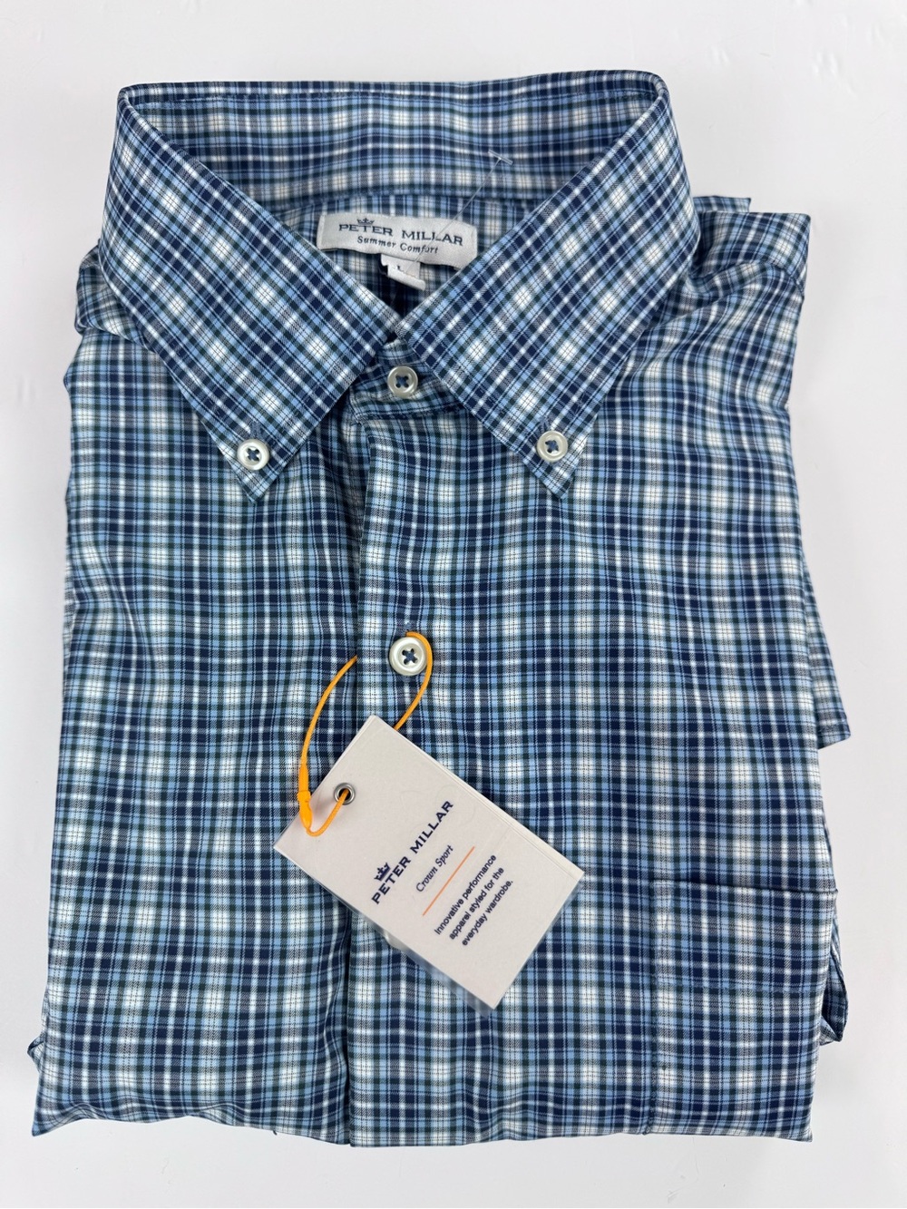 Peter Millar Crown Sport Long Sleeve Button Up Shirt Men’s L Blue Check Stretch